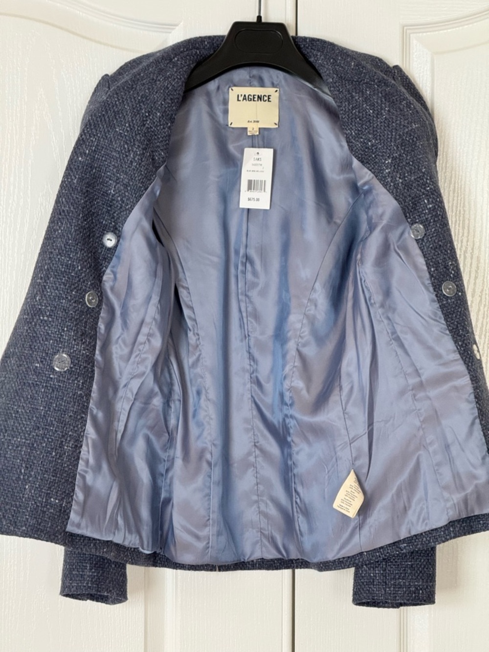 L'AGENCE Wool Blend Tweed Double-Breasted Blazer in Denim Blue - US 2 - Picture 5 of 9